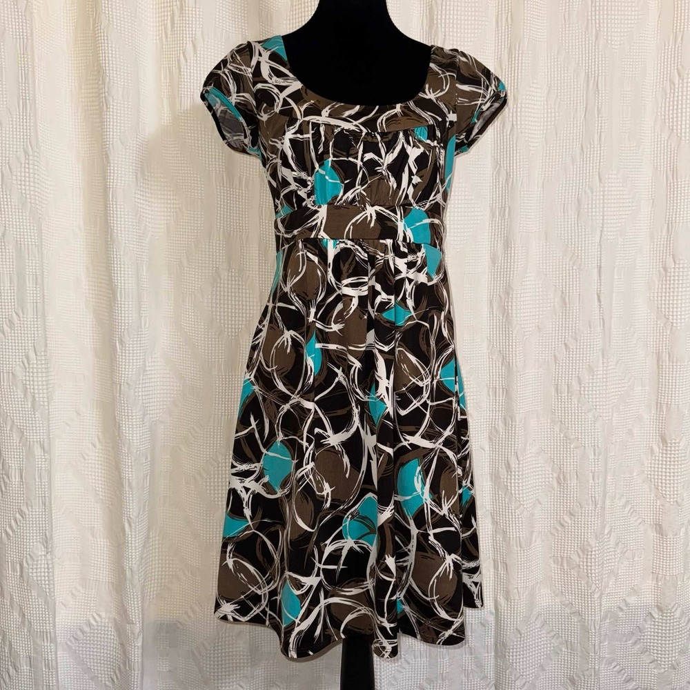 IZ Byer California Dress Brown Teal White Geometric Mod Y2K Empire Waist Medium
